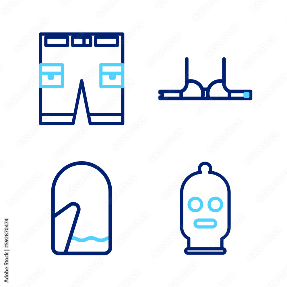 Set line Balaclava, Christmas mitten, Bra and Short or pants icon. Vector Set line Balaclava, Christmas mitten, Bra and Short or pants icon. Vector