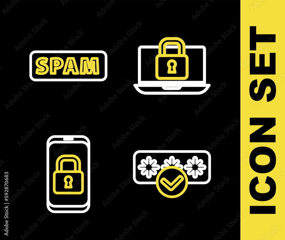 Set line Laptop and lock, Password protection, Mobile with closed padlock and Spam icon. Vector Set line Laptop and lock, Password protection, Mobile with closed padlock and Spam icon. Vector