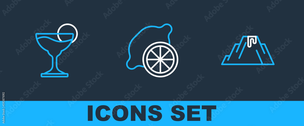 Set line Volcano eruption with lava, Margarita cocktail and Lemon icon. Vector Set line Volcano eruption with lava, Margarita cocktail and Lemon icon. Vector