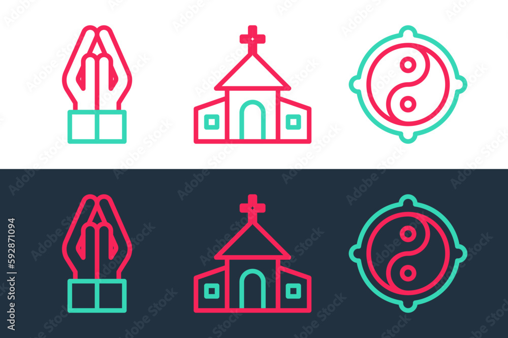 Set line Yin Yang, Hands praying position and Church building icon. Vector Set line Yin Yang, Hands praying position and Church building icon. Vector