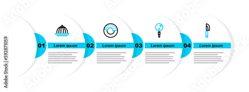 Set line Knife, Lollipop, Donut and Pudding custard icon. Vector