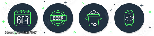 Set line Bottle cap with beer, Ice bucket, Saint Patricks day calendar and Beer can icon. Vector