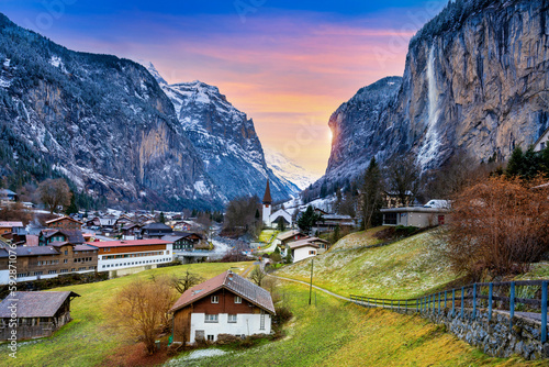 Lauterbrunnen at sunset in the Bernese Oberland, Switzerland.