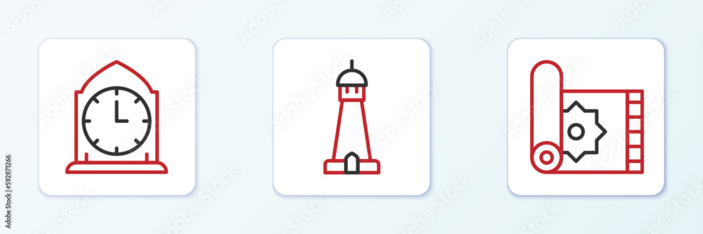 Set line Traditional carpet, Clock and Mosque tower or minaret icon. Vector