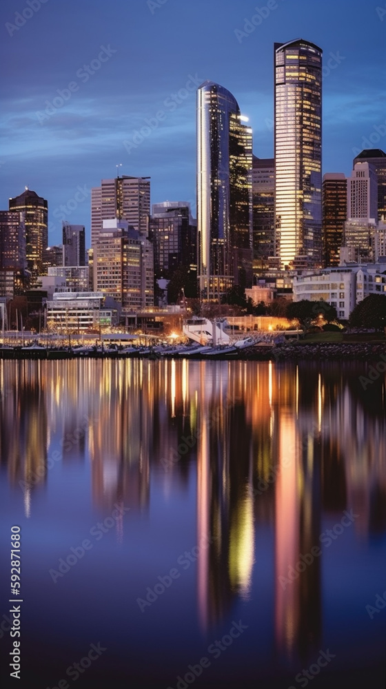city skyline in the evening with reflection in water