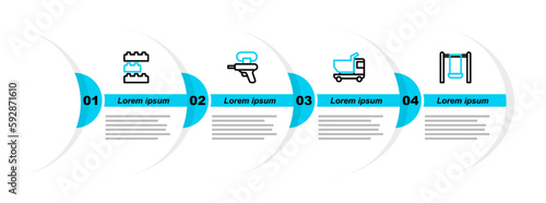 Set line Swing, Toy truck, Water gun and building block bricks icon. Vector