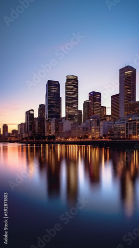 city skyline in the evening with reflection in water © Albert
