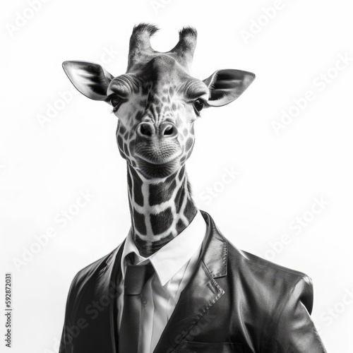 Giraffe in a formal business suit, an animal in human clothing, in front of a white background. Generative AI © ColdFire