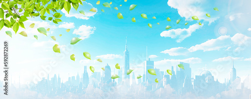 青空と新緑 遠くに見える都会の蜃気楼のイメージ素材 一部Generative AI
