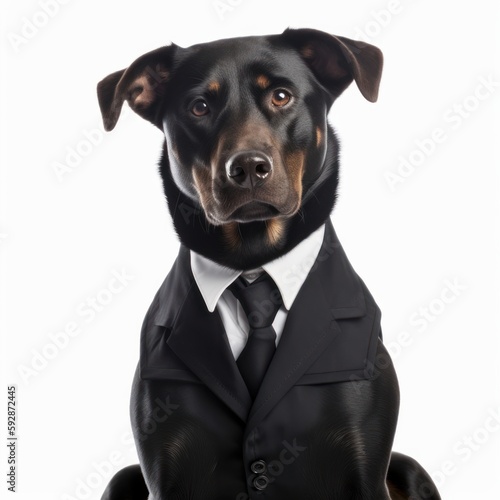 A dog in a formal business suit, an animal in human clothes, in front of a white background. Generative AI © ColdFire