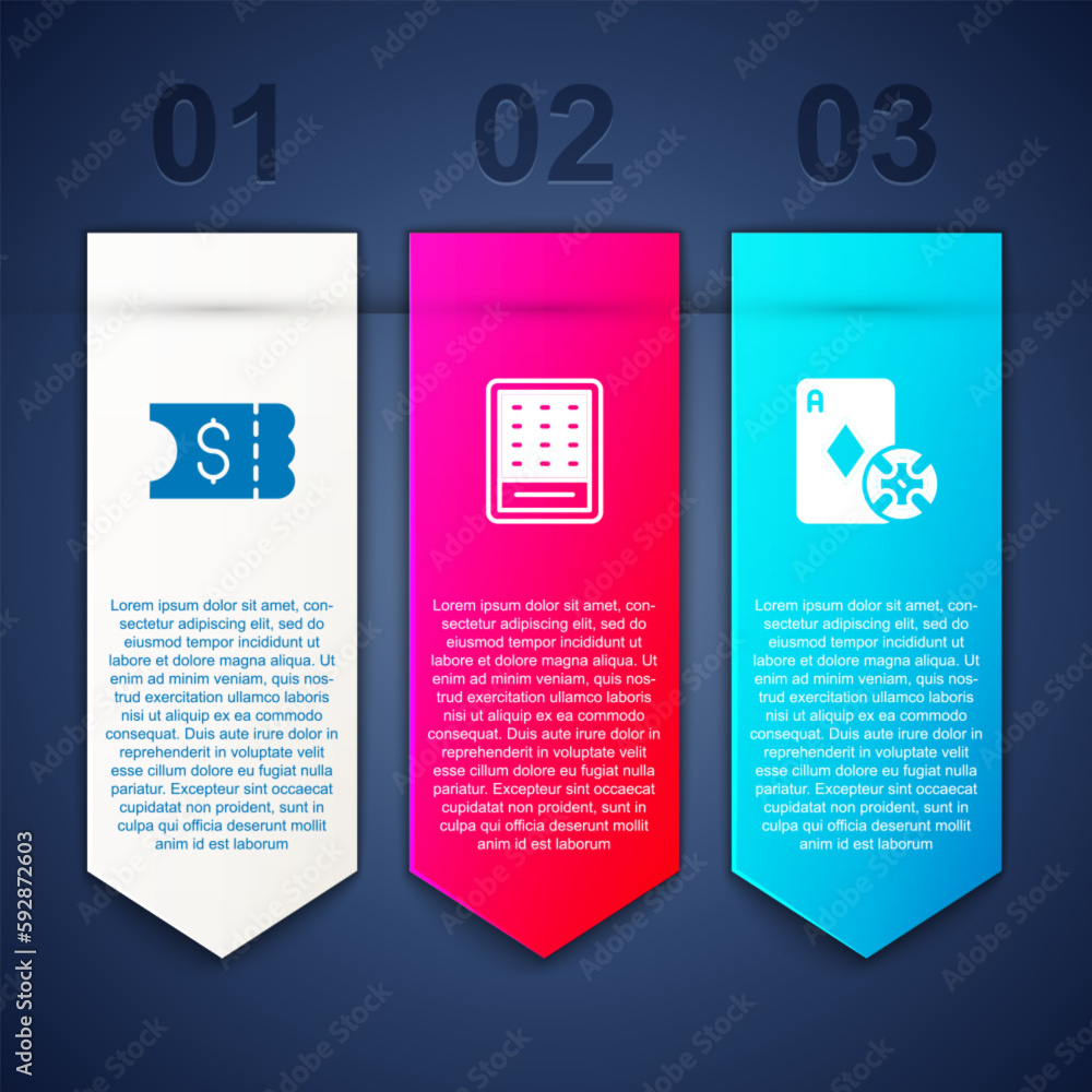 Set Lottery ticket, and Casino chip and playing cards. Business infographic template. Vector Set Lottery ticket, and Casino chip and playing cards. Business infographic template. Vector