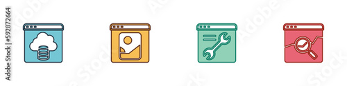 Set Cloud technology data transfer, Photo retouching, Browser setting and Website with stocks market icon. Vector