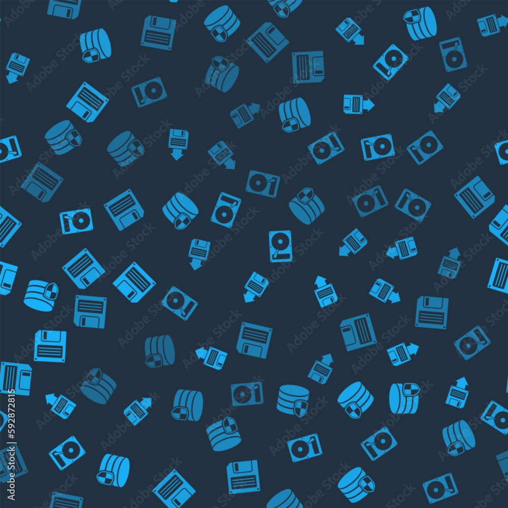 Set Database protection, Floppy disk backup, Hard drive HDD and on seamless pattern. Vector Set Database protection, Floppy disk backup, Hard drive HDD and on seamless pattern. Vector