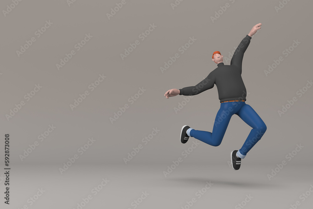 Men in casual clothes are jumping. 3D rendering of cartoon characters Men in casual clothes are jumping. 3D rendering of cartoon characters