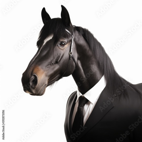 A horse in a formal business suit  an animal in human clothes  in front of a white background. Generative AI