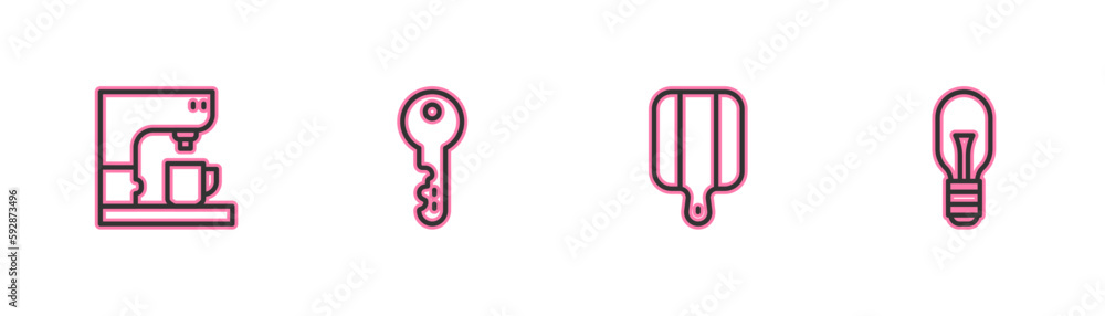 Set line Coffee machine, Cutting board, House key and Light bulb icon. Vector Set line Coffee machine, Cutting board, House key and Light bulb icon. Vector