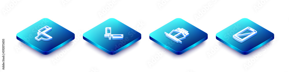 Set Isometric line Toilet bowl, Crossed meat chopper, Ship and Smartphone, mobile phone icon. Vector Set Isometric line Toilet bowl, Crossed meat chopper, Ship and Smartphone, mobile phone icon. Vector