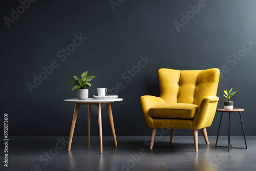 Living room with a beautiful and stylish yellow armchair in front of a dark grey empty wall | Interior design of a modern living room | Generative Ai