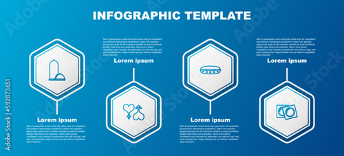 Set line Condoms safe sex, Male and female heart, Leather fetish collar and in package. Business infographic template. Vector