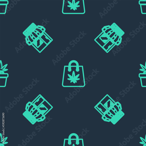 Set line Shopping bag of marijuana, Marijuana and cannabis store and plant pot on seamless pattern. Vector