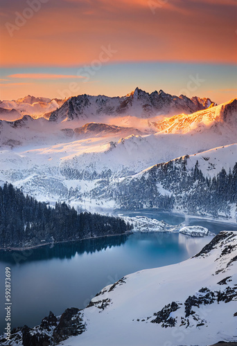 Sunset over Snowy Mountains and Tranquil Lake Reflection © Albert