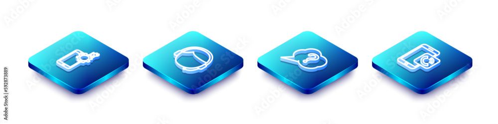Set Isometric line Mobile service, Man with a headset, Speech bubble Question and phone call icon. Vector Set Isometric line Mobile service, Man with a headset, Speech bubble Question and phone call icon. Vector