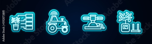 Set line Flower analysis, Wireless tractor on smart farm, Automatic irrigation sprinklers and Smart farming technology. Glowing neon icon. Vector
