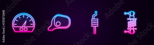 Set line Speedometer, Car mirror, muffler and Shock absorber. Glowing neon icon. Vector