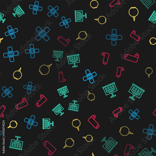 Set line Crossed bandage plaster, Eye test chart, Enema and Inhaler on seamless pattern. Vector