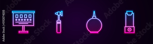 Set line Eye test chart, Medical otoscope tool, Enema and Inhaler. Glowing neon icon. Vector
