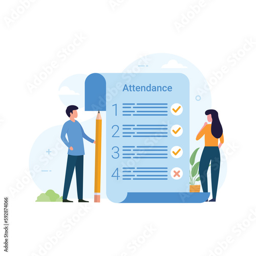 Attendance. Woman and Businessman holding pencil, document with checklist. Vector illustration
