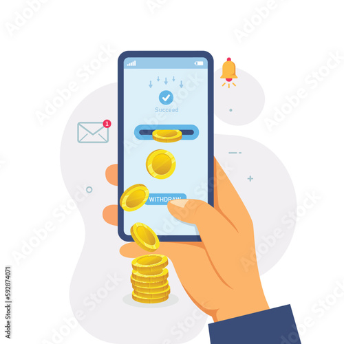 Withdraw money with smartphone. Digital payment or online cashback service