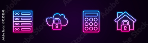 Set line Server, Data, Web Hosting, Cloud computing lock, Password protection and House under. Glowing neon icon. Vector