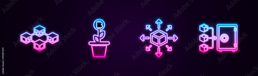 Set line Blockchain technology, Bitcoin plant the pot, Distribution and Proof of stake. Glowing neon icon. Vector Set line Blockchain technology, Bitcoin plant the pot, Distribution and Proof of stake. Glowing neon icon. Vector