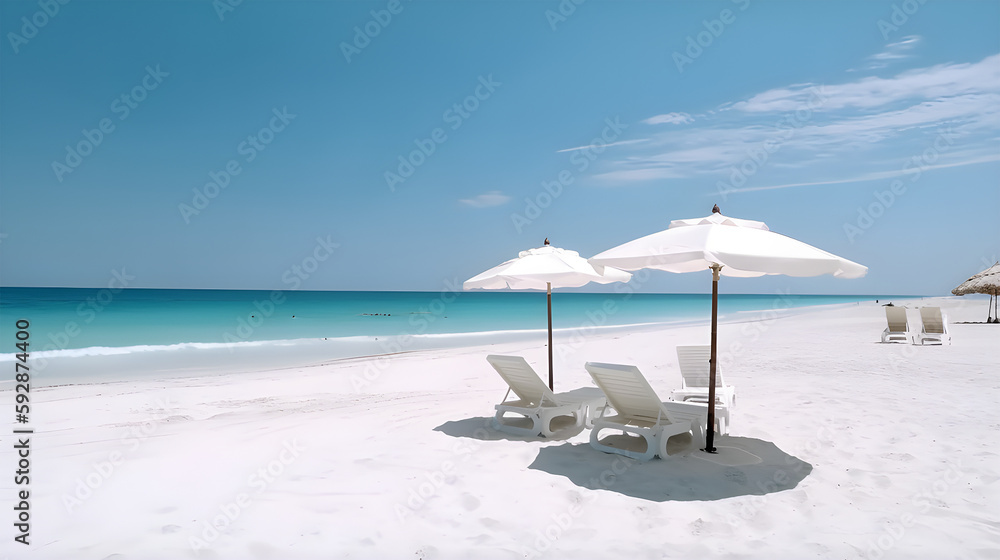 Beautiful beach banner. White sand, chairs and umbrella travel tourism wide panorama background concept