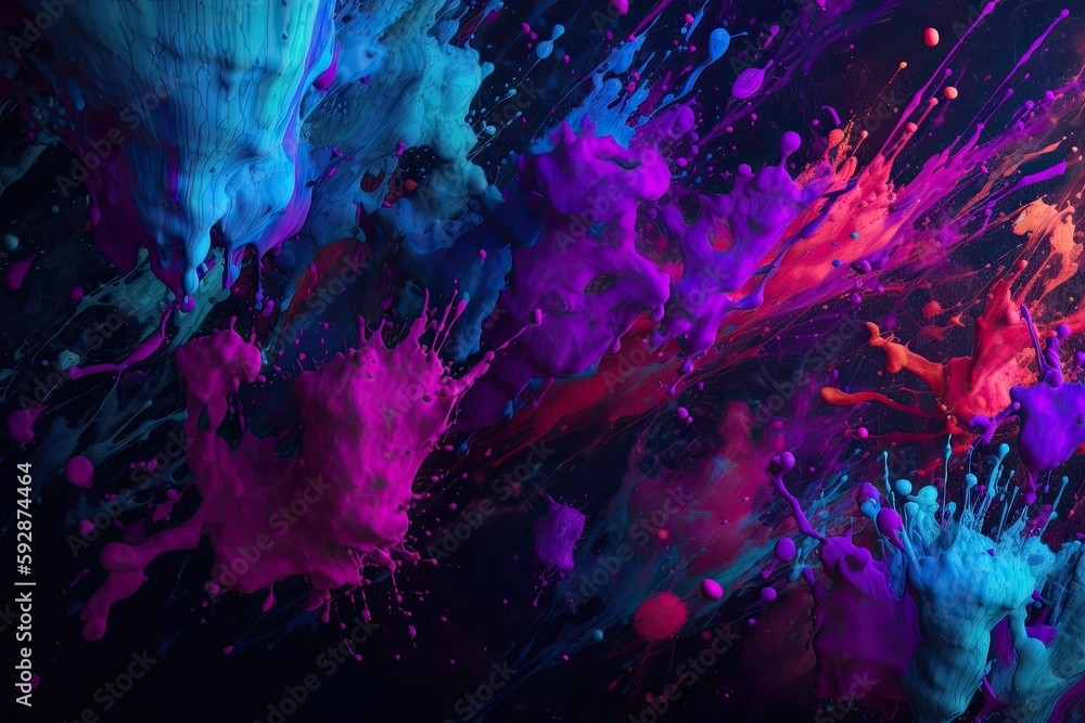 Neon blue, pink and purple multicolored smoke puff cloud splashing, design elements on a dark background - generative ai	