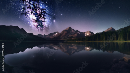 Majestic mountains under starlit sky mirrored in still water