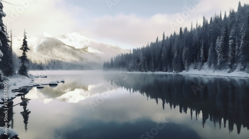 snow covered mountains and frozen lake with forest © Albert