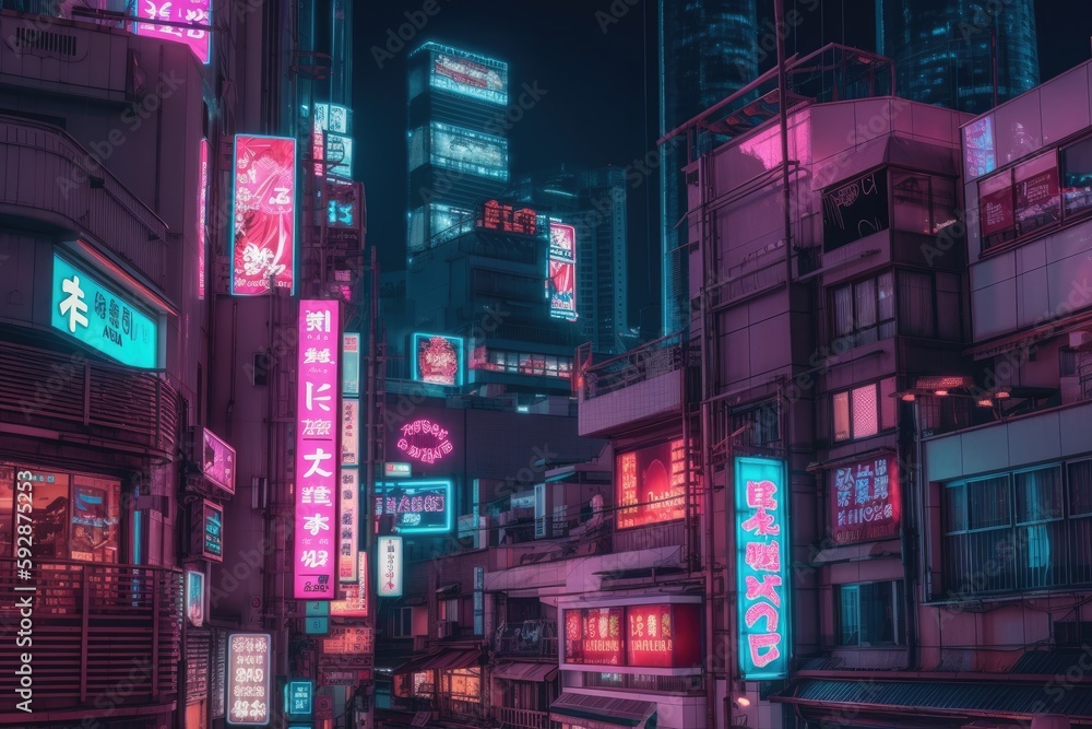 Cyberpunk futuristic Tokyo city at might with Japanese neon signs - generative ai