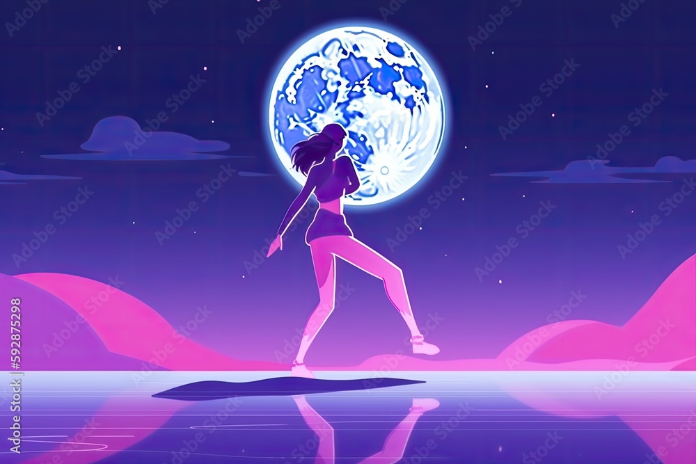 Dancing female silhouette at the beach on a full moon night with neon lights glowing from the ground, abstract illustration - generative ai