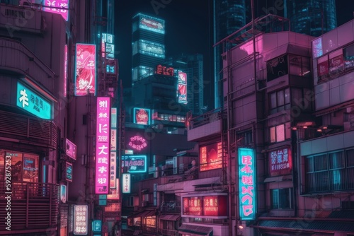 Cyberpunk futuristic Tokyo city at might with Japanese neon signs - generative ai © Infinite Shoreline