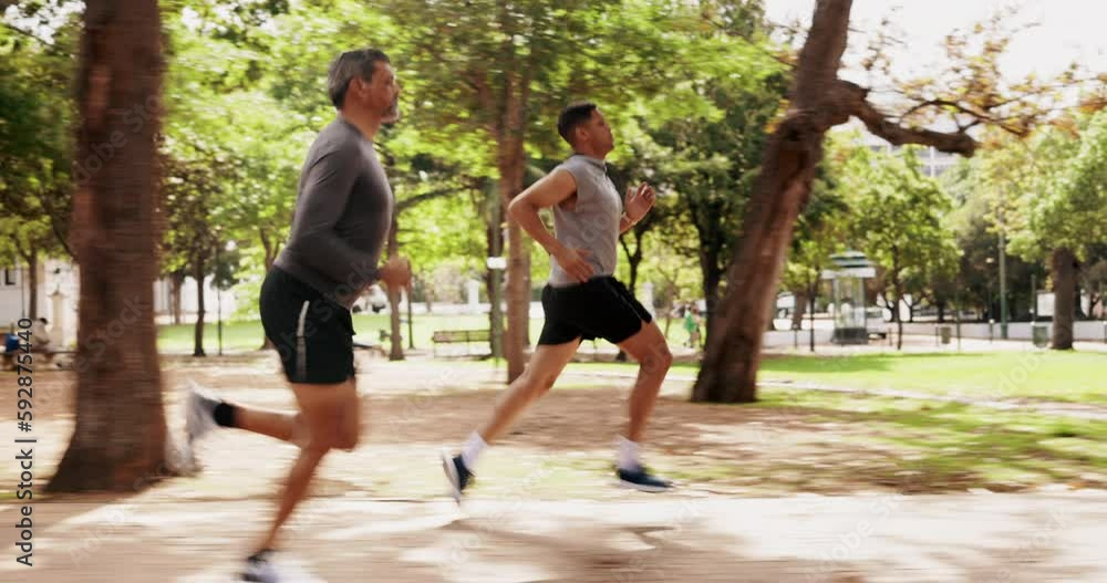 Men, running or outdoor park for athletes in fitness, workout or run training. Nature trail, wellness or exercising male friends or mature personal trainer runner in sports cardio, health or exercise Men, running or outdoor park for athletes in fitness, workout or run training. Nature trail, wellness or exercising male friends or mature personal trainer runner in sports cardio, health or exercise