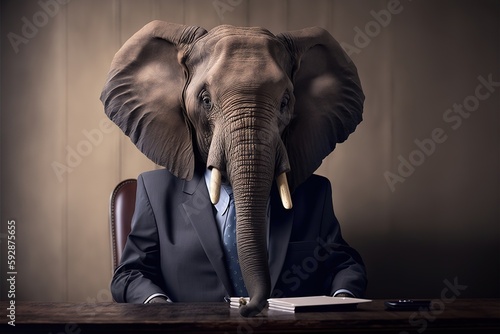 Elephant boss. Realism, grey, formal wear, employee. Illustration. AI