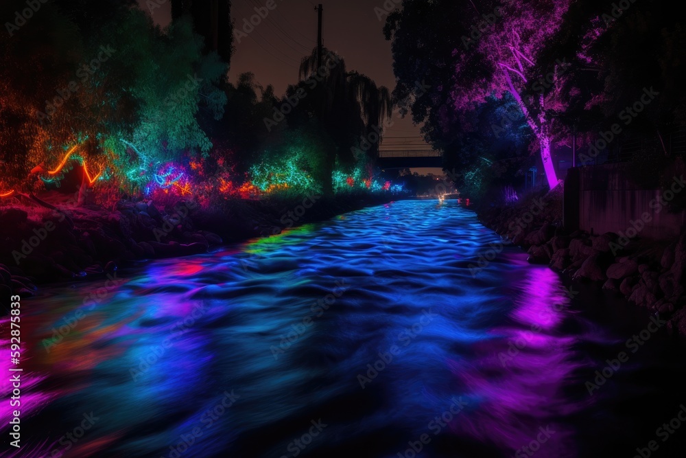 River canal passing through the city with multicolored neon lights at night - generative ai River canal passing through the city with multicolored neon lights at night - generative ai