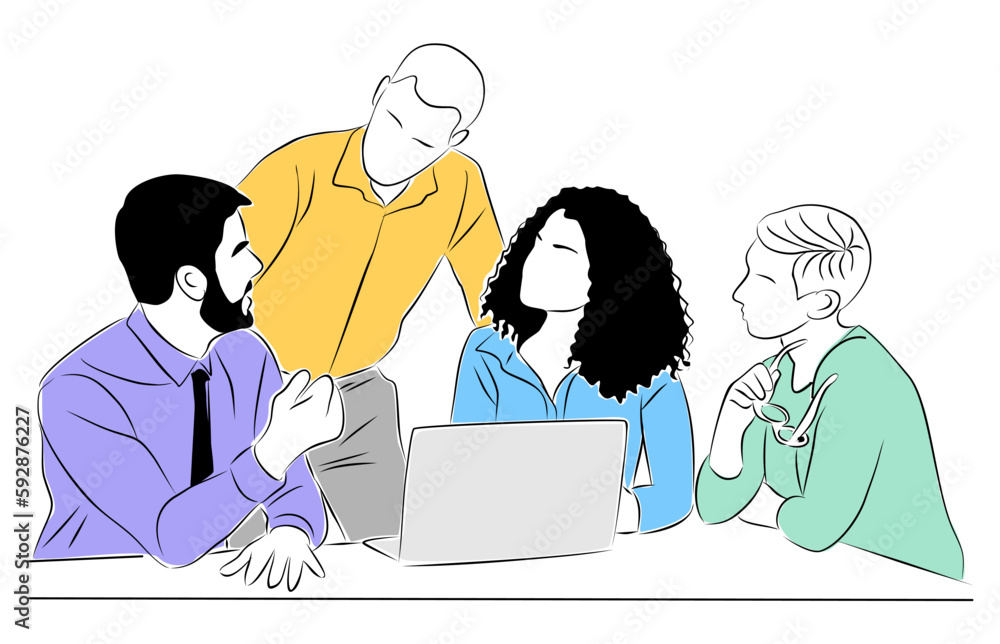 Business team members working together scene. Business men, women ...