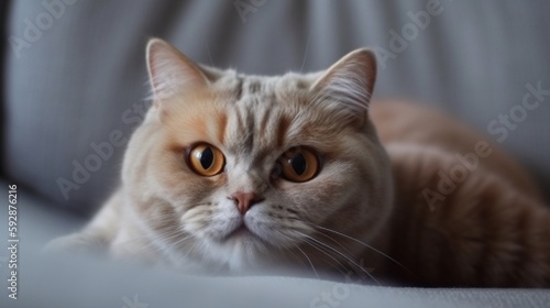 自宅のグレーのテキスタイルのソファに横たわる、オレンジ色の目をしたかわいい赤のスコティッシュフォールドキャット。ふわふわの純血種の短毛の直毛猫ちゃん。背景、コピースペース、クローズアップ © enopi
