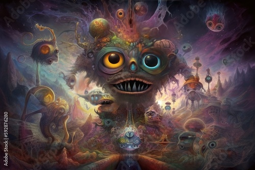 Psychedelic illustration of a nightmare with strange creatures and figures, cosmic fantasy - generative ai