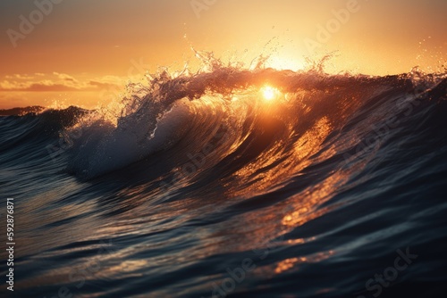 Giant wave close up at sunset, summer vibes, surfing, holidays - generative ai © Infinite Shoreline