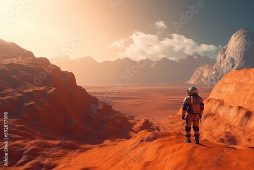 Surreal view from the orange planet with astronaut looking at the landscape, sci-fi illustration - generative ai