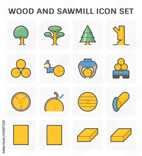 Wood, sawmill industry vector icon i.e. process of cutting, lifting, transport, debarking and square sawing. Include tree, timber and wood product i.e. plank, board, lumber and girder for woodworking.